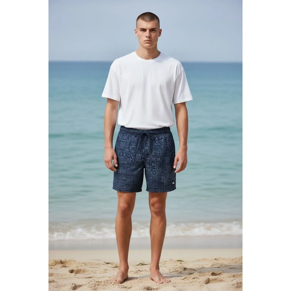 1150 Quiksilver Mens Total Eclipse Tribal  7in Swim Volley Shorts Blue L NWT